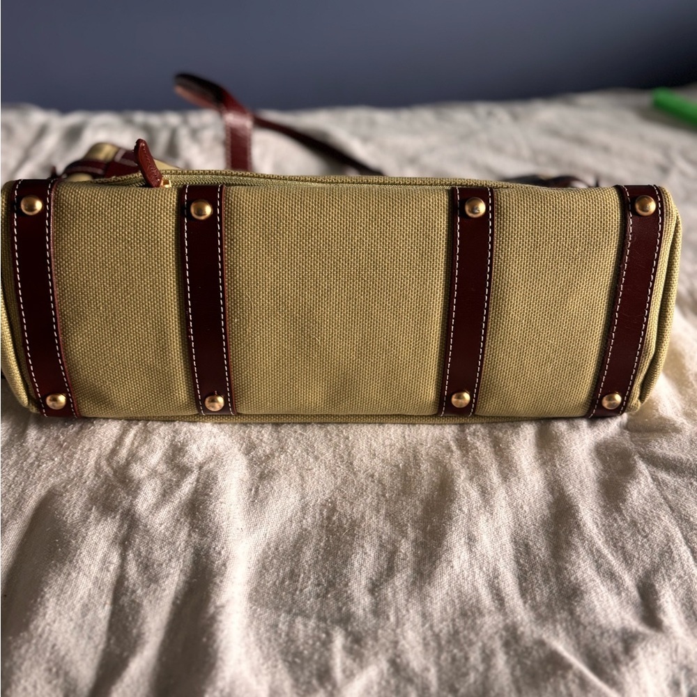Coakley Tote Bag Green Laptop Bag. Green trimmed in brown faux leather. - Picture 5 of 7